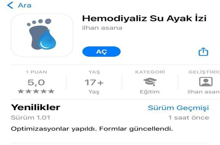 Hemodiyaliz Su Ayak İzi  dernek üyemiz tarafından geliştirilen hemodiyaliz su ayak izi uygulaması yayınlanmıştır.